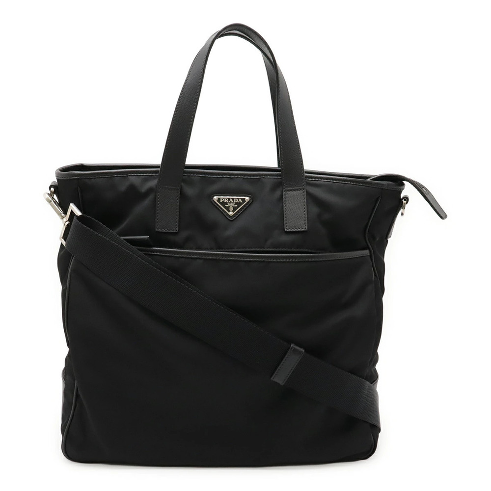 Prada Triangle Tote Tessuto Saffiano Bag Crossbody Leather NERO Black